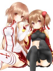 Rule 34 | 10s, 2girls, asuna (sao), bare shoulders, blush, breasts, brown eyes, brown hair, detached sleeves, feet, fingerless gloves, gloves, hair ribbon, holding hands, highres, large breasts, long hair, midriff, miko (royal milk), multiple girls, navel, no shoes, panties, pantyshot, red eyes, ribbon, short twintails, silica, smile, sword art online, thighhighs, twintails, underwear, white panties