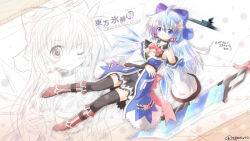 Rule 34 | 1girl, alternate breast size, alternate costume, alternate hair length, alternate hairstyle, black dress, black thighhighs, blue dress, blue eyes, blue hair, boots, bow, breasts, choker, cirno, detached sleeves, dress, female focus, gameplay mechanics, gradient hair, hair ornament, hair ribbon, hair tubes, health bar, highres, ice, ice wings, jewelry, large breasts, layered dress, long hair, long sleeves, looking at viewer, matching hair/eyes, multicolored hair, necklace, aged up, one eye closed, open mouth, pendant, ribbon, silver hair, smile, solo, sword, thighhighs, touhou, wallpaper, weapon, wide sleeves, wings, wink, yurume atsushi, zettai ryouiki