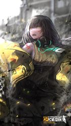Rule 34 | 1girl, absurdres, black hair, blood, blood on clothes, blood on face, blood stain, blurry, blurry background, breasts, chinese commentary, commentary, copyright name, crying, crying with eyes open, fish g, gas mask, girls&#039; frontline, heterochromia, highres, jacket, long hair, looking up, mask, medium breasts, mod3 (girls&#039; frontline), multicolored hair, name tag, open mouth, red eyes, ro635 (girls&#039; frontline), ro635 (mod3) (girls&#039; frontline), shirt, sleeveless, sleeveless shirt, sleeveless sweater, solo, standing, streaked hair, sweater, tears, two-tone hair, white hair, yellow eyes, yellow jacket