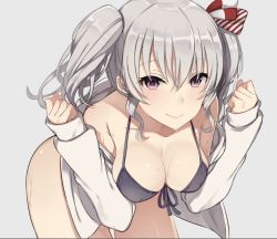 Rule 34 | 10s, 1girl, bare legs, bare shoulders, bikini, black bikini, black ribbon, bow, breasts, closed mouth, collarbone, eyebrows, grey background, hair bow, kantai collection, kashima (kancolle), long sleeves, looking at viewer, medium breasts, off shoulder, oniku (oishii oniku), open clothes, open shirt, purple eyes, red bow, ribbon, shiny skin, shirt, sidelocks, silver hair, simple background, smile, solo, swimsuit, thigh gap, wavy hair, white shirt