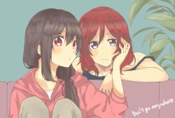 Rule 34 | 2girls, black hair, closed mouth, commentary request, drawstring, english text, hair over shoulder, hand on another&#039;s face, hood, hood down, hoodie, kasshi (kasshi1220), knees up, leaf, long hair, long sleeves, looking at viewer, love live!, love live! school idol project, low ponytail, multiple girls, nishikino maki, pink eyes, pink hoodie, plant, purple eyes, red hair, sideways glance, sleeveless, upper body, yazawa nico, yuri