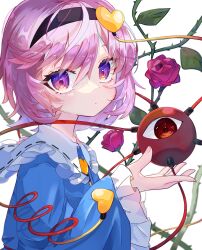 Rule 34 | 1girl, black hairband, blue shirt, chokomaron, closed mouth, collared shirt, flower, frilled shirt collar, frilled sleeves, frills, gradient eyes, hair ornament, hairband, hand up, heart, heart hair ornament, highres, komeiji satori, leaf, long sleeves, looking at viewer, multicolored eyes, pink hair, purple eyes, purple flower, purple rose, rose, shirt, short hair, simple background, solo, third eye, thorns, touhou, upper body, white background, wide sleeves