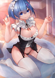 Rule 34 | 10s, 1girl, arms up, black panties, blue eyes, blue hair, blunt bangs, blush, breasts, cleavage, closed mouth, collar, commentary, commission, detached collar, frilled collar, frilled hairband, frills, full body, hair between eyes, hairband, hand in own hair, highres, large breasts, looking at viewer, maid, neonbeat, no pants, no shoes, panties, re:zero kara hajimeru isekai seikatsu, rem (re:zero), seiza, short hair, signature, sitting, smile, solo, thighhighs, underwear, white thighhighs