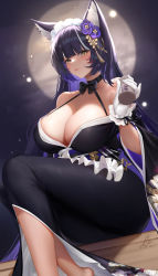 Rule 34 | 1girl, animal ear fluff, animal ears, azur lane, bare shoulders, black bow, black choker, black kimono, blunt bangs, blush, bow, breasts, choker, cleavage, closed mouth, feet out of frame, flower, fox ears, full moon, gloves, hair flower, hair ornament, highres, holding, japanese clothes, kimono, large breasts, liu liaoliao, long hair, looking at viewer, maid headdress, moon, musashi (azur lane), musashi (violet moonglow) (azur lane), purple flower, purple hair, signature, sitting, solo, twitter username, very long hair, white gloves, wrist cuffs, yellow eyes