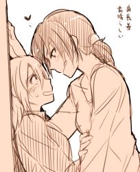 Rule 34 | 2girls, 6 (yuchae), :p, against wall, bad id, bad pixiv id, blush, krista lenz, eye contact, freckles, height difference, licking lips, looking at another, monochrome, multiple girls, ponytail, shingeki no kyojin, simple background, tongue, tongue out, translated, white background, ymir (shingeki no kyojin), you gonna get raped, yuri