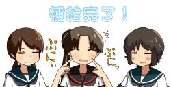Rule 34 | 3girls, anchor symbol, ayanami (kancolle), ayanami kai ni (kancolle), black hair, black sailor collar, blue sailor collar, blush stickers, brown hair, cheek poking, closed eyes, commentary request, facing viewer, highres, kantai collection, long hair, low twintails, miyuki (kancolle), multiple girls, parted bangs, poking, sailor collar, school uniform, serafuku, shirayuki (kancolle), short hair, short twintails, side ponytail, simple background, subprocedure, translation request, twintails, white background