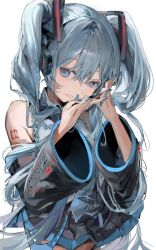 Rule 34 | 1girl, absurdres, aqua eyes, aqua hair, bare shoulders, blue eyes, blue hair, blue nails, blush, commentary request, detached sleeves, fingernails, hair ornament, hands on own face, hatsune miku, headphones, highres, long fingernails, long hair, looking at viewer, nail polish, numbered, shirt, simple background, sleeveless, sleeveless shirt, smile, solo, teeth, twintails, very long fingernails, vocaloid, white background, yubsd05