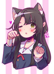 Rule 34 | 1girl, :o, animal ears, arms up, black hair, blue shirt, blush, buttons, cat ears, chestnut mouth, commentary, english commentary, hands up, heart, highres, k1ruse, korean text, long sleeves, looking at viewer, neck ribbon, one eye closed, original, paw pose, purple background, red ribbon, ribbon, sailor collar, shirt, solo, striped, striped background, translation request, two-tone background, upper body, white background, white sailor collar, yellow eyes