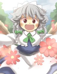 Rule 34 | 1girl, :d, apron, blush, braid, flower, forest, gaoo (frpjx283), grey hair, highres, izayoi sakuya, maid headdress, nature, open mouth, petals, red eyes, smile, touhou, twin braids