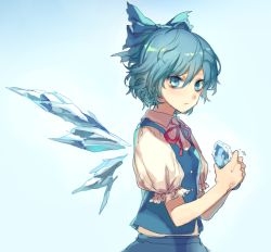 Rule 34 | 1girl, blue background, blue eyes, blue hair, bow, cirno, gradient background, hair ornament, hair ribbon, ice, ice wings, kikugetsu, looking at viewer, matching hair/eyes, puffy sleeves, ribbon, shirt, short hair, short sleeves, skirt, skirt set, solo, touhou, upper body, vest, wings