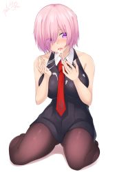 Rule 34 | 1girl, bare shoulders, breasts, cum, cum in mouth, cum string, eyes visible through hair, fate/grand order, fate (series), female focus, full body, hair over one eye, hands up, highres, kneeling, large breasts, legs apart, lips, looking at viewer, mash kyrielight, open mouth, pink hair, short hair, simple background, solo, teeth, upper teeth only