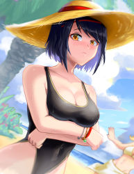Rule 34 | 2girls, absurdres, alternate costume, beach, bikini, black hair, black one-piece swimsuit, blonde hair, blue sky, blurry, blush, bracelet, breasts, burnt green tea, cleavage, cloud, cloudy sky, coconut tree, collarbone, commentary, crossed arms, depth of field, english commentary, genshin impact, hat, highleg, highleg swimsuit, highres, horizon, jewelry, kujou sara, looking at viewer, lumine (genshin impact), multiple girls, navel, ocean, one-piece swimsuit, out of frame, outdoors, outstretched arms, palm tree, short hair, short hair with long locks, sidelocks, sky, spread arms, stomach, straw hat, swimsuit, tree, white bikini, yellow eyes