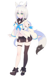 Rule 34 | 1girl, absurdres, ahoge, animal ear fluff, animal ears, asymmetrical legwear, blue ribbon, boots, braid, breasts, brown footwear, brown shorts, brown thighhighs, closed mouth, commentary request, copyright request, enkyo yuuichirou, fingernails, fox ears, fox girl, fox tail, full body, green eyes, hair between eyes, highres, hololive, hood, hood down, leaning forward, long sleeves, medium breasts, midriff peek, navel, ribbon, shirakami fubuki, shirakami fubuki (1st costume), shirt, short shorts, shorts, silver hair, simple background, single thighhigh, skindentation, sleeves past wrists, smile, solo, standing, tail, thighhighs, uneven legwear, virtual youtuber, white background, white shirt, wide sleeves