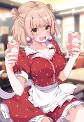 Rule 34 | 1girl, alternate costume, apron, blurry, blurry background, blush, breasts, cleavage, cup, dress, earrings, food, fujisaki hikari, green eyes, hair rings, highres, holding, holding cup, ice cream, indie virtual youtuber, indoors, jewelry, large breasts, light brown hair, looking at viewer, nervous sweating, open mouth, paid reward available, pom pom (clothes), pom pom earrings, puffy short sleeves, puffy sleeves, red dress, shigure ui (vtuber), short hair, short sleeves, sitting, solo, sundae, sweat, virtual youtuber, waist apron