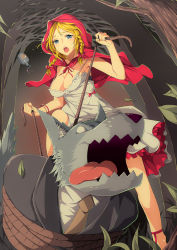 Rule 34 | 1boy, 1girl, big bad wolf, blonde hair, blue eyes, blush, bottle, bound, braid, breasts, capelet, cleavage, dress, femdom, formal, grass, grimm&#039;s fairy tales, hood, large breasts, leaf, little red riding hood, little red riding hood (grimm), necktie, open mouth, rope, suit, tears, tied up, tree, twin braids, viola (seed), white dress, wolf