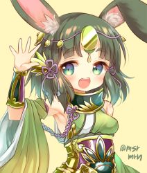 Rule 34 | 1girl, :d, animal ears, arm up, armpits, bad id, bad pixiv id, blush, breasts, detached sleeves, fingernails, green eyes, green hair, green kimono, hair ornament, japanese clothes, kaguya-hime (p&amp;d), kimono, long hair, looking at viewer, mashiro miru, medium breasts, open mouth, puzzle &amp; dragons, rabbit ears, simple background, smile, solo, twitter username, wide sleeves, yellow background