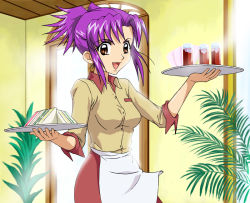 Rule 34 | 00s, 1girl, ankoku tiger, apron, breasts, brown eyes, drink, female focus, food, indoors, mermaid melody pichi pichi pitch, nikora, official style, ponytail, purple hair, sandwich, short hair, solo, tray, waist apron, waitress