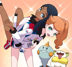 Rule 34 | 2girls, :d, absurdres, aged down, assisted stretching, back-to-back, black hair, chewtle, closed mouth, commentary request, creatures (company), dark-skinned female, dark skin, eyelashes, game freak, gen 8 pokemon, green eyes, gym challenge uniform, highres, kneehighs, knees, locked arms, long hair, looking at viewer, multiple girls, nessa (pokemon), nintendo, open mouth, orange hair, pokemon, pokemon (creature), pokemon swsh, shirt, shorts, side ponytail, side slit, side slit shorts, smile, socks, sonia (pokemon), tongue, trembling, white shirt, white shorts, white socks, yamper, yuu (jgvj7873)