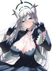 Rule 34 | 1girl, absurdres, ahoge, animal ear fluff, animal ears, black dress, black gloves, blue archive, breasts, broken halo, choker, dark halo, double v, dress, extra ears, gloves, grey hair, halo, highres, large breasts, long hair, looking at viewer, mismatched pupils, nidaime (doronbo), shiroko (blue archive), shiroko terror (blue archive), solo, v, wolf ears