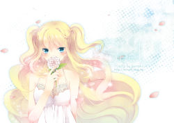 Rule 34 | 1girl, artist name, bad id, bad pixiv id, bare shoulders, blonde hair, blue eyes, character name, dated, flower, hobak, long hair, looking at viewer, petals, seeu, solo, very long hair, vocaloid
