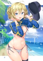 Rule 34 | 1girl, absurdres, ahoge, artoria pendragon (fate), baseball cap, bikini, blonde hair, blue eyes, blue hat, blush, breasts, cleavage, cloud, commentary request, day, fate/grand order, fate (series), hair between eyes, hair through headwear, hat, highres, huge filesize, kuse (0201), large breasts, long hair, looking at viewer, mysterious heroine x (fate), mysterious heroine xx (fate), navel, open mouth, outdoors, ponytail, shrug (clothing), side-tie bikini bottom, solo, swimsuit, unworn hat, unworn headwear, white bikini