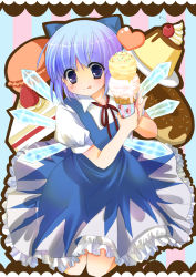 Rule 34 | absurdres, blue eyes, blue hair, blush, cake, candy, cherry, circled 9, cirno, cookie, embodiment of scarlet devil, food, fruit, highres, ice cream, macaron, nojima noko, pastry, pudding, short hair, solo, touhou, wings