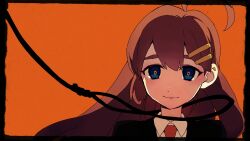 Rule 34 | 1girl, ahoge, black jacket, blue eyes, brown hair, closed mouth, collared shirt, commentary request, eyebrows hidden by hair, ganeshia, hair ornament, hairclip, highres, hod (project moon), jacket, lobotomy corporation, long hair, looking at viewer, necktie, noose, orange background, project moon, red necktie, sad smile, shirt, solo, spoilers, white shirt
