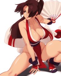 Rule 34 | 1girl, :d, bare shoulders, black legwear, breasts, brown eyes, brown hair, cleavage, fatal fury, feguimel, female focus, gloves, groin, hand fan, holding, holding fan, large breasts, loincloth, long hair, matching hair/eyes, open mouth, parted bangs, red gloves, revealing clothes, shiranui mai, sleeveless, smile, solo, squatting, the king of fighters, thighs