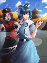 Rule 34 | 2girls, belt, black skirt, blue dress, blue eyes, blue hair, blue sky, cabbie hat, day, dress, empty eyes, hair ornament, hair stick, hand up, hat, highres, jiangshi, kaku seiga, lips, long skirt, looking at viewer, looking to the side, minami koyogi, missing finger, miyako yoshika, multiple girls, open clothes, open mouth, open vest, outdoors, outstretched arms, purple hair, red shirt, shawl, shirt, short hair, short sleeves, skirt, sky, star (symbol), talisman, teeth, tongue, touhou, vest, zombie pose