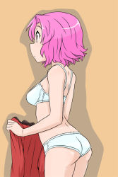 Rule 34 | 1girl, ass, back, bell, bra, closed mouth, unworn clothes, commentary, cowbell, from side, girls und panzer, holding, holding clothes, holding jacket, jacket, unworn jacket, medium hair, orange background, panties, pink hair, red jacket, rosehip (girls und panzer), simple background, solo, st. gloriana&#039;s military uniform, standing, takanaga kouhei, underwear, underwear only, white bra, white panties