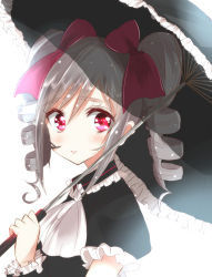 Rule 34 | 1girl, black dress, black umbrella, blush, bow, closed mouth, commentary request, dress, drill hair, frilled umbrella, frills, hair between eyes, hair bow, hand up, haru (nature life), holding, holding umbrella, idolmaster, idolmaster cinderella girls, kanzaki ranko, looking at viewer, looking to the side, puffy short sleeves, puffy sleeves, purple bow, purple eyes, short sleeves, simple background, smile, solo, twin drills, umbrella, white background, white neckwear