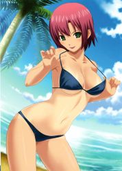 Rule 34 | 1girl, :p, absurdres, beach, bikini, bikini pull, breasts, clothes pull, cloud, female focus, gradient background, green eyes, highres, koutaro, leaning forward, nature, navel, ocean, outdoors, palm tree, plant, red hair, rio rollins, short hair, sky, smile, solo, super blackjack, swimsuit, tan, tanline, tongue, tongue out, tree, underboob