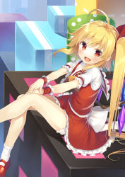Rule 34 | 1girl, ahoge, blonde hair, blush, commentary request, cosplay, dress, fang, flandre scarlet, flandre scarlet (cosplay), fran (shironeko project), frills, gurasion (gurasion), hair ribbon, crossed legs, long hair, looking at viewer, open mouth, red eyes, ribbon, shironeko project, side ponytail, sitting, skirt, smile, solo, touhou