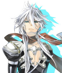 Rule 34 | 1boy, azumi on, bare pectorals, blue eyes, character request, hair between eyes, long hair, male focus, pectorals, ragnarok online, red scarf, scarf, solo, upper body, white background, white hair