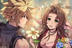 Rule 34 | 1boy, 1girl, aerith gainsborough, blonde hair, blue eyes, blue flower, blue shirt, breasts, brown hair, choker, cleavage, cloud strife, dress, earrings, final fantasy, final fantasy vii, flower, fujimaru (green sparrow), green eyes, hair ribbon, holding, holding flower, jacket, jewelry, loveless avenue, medium breasts, open mouth, parted bangs, pink dress, red jacket, ribbon, ribbon choker, shirt, sidelocks, sleeveless, sleeveless turtleneck, smile, spiked hair, square enix, suspenders, teeth, turtleneck, upper body, upper teeth only, yellow flower