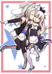 Rule 34 | 2girls, absurdres, animal ears, apron, azur lane, bare shoulders, black bow, black dress, black jacket, black legwear, blue bow, blush, boots, bow, cat ears, closed eyes, closed mouth, commentary request, detached sleeves, dress, frilled dress, frills, green eyes, grey footwear, hair between eyes, hair bow, hair ribbon, hammann (azur lane), hand up, highres, holding hands, j young, jacket, kiss, kissing cheek, knee boots, long hair, long sleeves, multiple girls, one eye closed, one side up, open clothes, open jacket, open mouth, puffy short sleeves, puffy sleeves, red ribbon, revision, ribbon, short sleeves, silver hair, sims (azur lane), strapless, strapless dress, thighhighs, very long hair, waist apron, white apron, white dress, white legwear, wrist cuffs, yuri