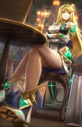 Rule 34 | 1girl, allenyuart, bag, blonde hair, blurry, breasts, chair, chandelier, cleavage, cleavage cutout, clothing cutout, covered navel, cup, depth of field, dress, earrings, from below, gem, handbag, headpiece, highres, indoors, jewelry, juice, large breasts, long hair, mythra (xenoblade), nintendo, shiny clothes, shopping bag, sidelocks, sitting, skylight, solo, solo focus, table, thigh strap, tiara, very long hair, white dress, white footwear, wooden ceiling, wooden floor, xenoblade chronicles (series), xenoblade chronicles 2