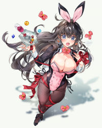 Rule 34 | 1girl, animal ears, black footwear, black hair, black leotard, black pantyhose, blue eyes, blush, breasts, cleavage, cleavage cutout, clothing cutout, commentary request, cup, drinking glass, earrings, fake animal ears, floating hair, full body, high heels, highres, jewelry, kanojo (ogino atsuki), large breasts, leotard, long hair, looking at viewer, nail polish, open mouth, original, pantyhose, pink leotard, playboy bunny, rabbit ears, red nails, red ribbon, ribbon, shadow, solo, standing, thigh gap, tray, two-tone leotard, very long hair, wine glass, yanyo (ogino atsuki)