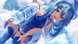 Rule 34 | 1girl, :d, alternate costume, aqua hair, blue hair, blue sky, blue theme, blue thighhighs, bottle, cloud, daidou (demitasse), hand on lap, hatsune miku, headset, highres, holding, holding bottle, light rays, long hair, looking at viewer, necktie, open mouth, outdoors, plastic bottle, sky, sleeveless, smile, solo, thighhighs, twintails, vocaloid, water bottle, white necktie