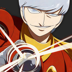 Rule 34 | 1boy, albert heinrich, cyborg 009, dated, grey background, hand up, looking at viewer, male focus, grey eyes, silver hair, simple background, smirk, solo, sorges, upper body