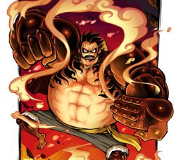 Rule 34 | 1boy, abs, alternate form, black hair, fighting stance, gear fourth, gear fourth: boundman, haki, jumping, kenron toqueen, male focus, monkey d. luffy, muscular, one piece, sash, shorts, smoke, solo, vest