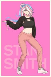 Rule 34 | 1boy, absurdres, alternate hairstyle, blue hair, breasts, dancing, earrings, eleonore (pas (paxiti)), hair over one eye, highres, jewelry, lgbt pride, long hair, medium breasts, navel, pas (paxiti), pink hair, shoes, smile, sports bra, stan smith (shoes), stomach, trap, white hair