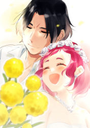 Rule 34 | 1boy, 1girl, bare shoulders, black hair, blush, commentary, couple, earrings, closed eyes, flower, george kurai, hair ornament, happy, hetero, hugtto! precure, jewelry, long hair, mimo (amimo0805), necklace, nono hana, pink hair, precure, shirt, smile, white shirt, yellow flower