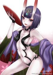 Rule 34 | 1girl, alcohol, breasts, cup, fate/grand order, fate (series), highres, horns, looking at viewer, nonoririn, purple eyes, purple hair, revealing clothes, sakazuki, sake, short hair, shuten douji (fate), shuten douji (first ascension) (fate), sideboob, small breasts, solo