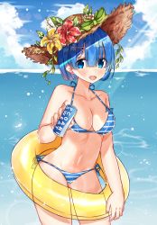Rule 34 | 10s, 1girl, :d, absurdres, arm at side, bare shoulders, beach, bikini, blue eyes, blue hair, blue sky, blush, breasts, can, cleavage, cloud, collarbone, cowboy shot, day, eyes visible through hair, fingernails, flower, green ribbon, groin, hair ornament, hair over eyes, halterneck, hand up, hat, hat flower, hat ribbon, hibiscus, highres, holding, holding can, innertube, leaf, legs apart, lens flare, light rays, long fingernails, looking at viewer, medium breasts, nail polish, navel, norazura, ocean, open mouth, outdoors, pink nails, pocari sweat, re:zero kara hajimeru isekai seikatsu, red flower, rem (re:zero), ribbon, short hair, sky, smile, solo, standing, stomach, strap gap, straw hat, striped bikini, striped clothes, sun hat, sunbeam, sunlight, swim ring, swimsuit, x hair ornament, yellow flower