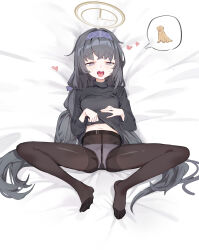 Rule 34 | 1girl, absurdres, bed sheet, black hair, black pantyhose, black sweater, blue archive, blue hairband, blush, breasts, clothes lift, commentary request, crotch seam, full body, hairband, half-closed eyes, halo, heart, highres, knees apart feet together, lifted by self, long hair, long sleeves, low twintails, lying, navel, no pants, no shoes, on back, open mouth, panties, panties under pantyhose, pantyhose, small breasts, solo, speech bubble, spoken animal, spread legs, sweat, sweater, sweater lift, takune019, tongue, tongue out, turtleneck, turtleneck sweater, twintails, ui (blue archive), underwear, very long hair, white panties, yellow halo