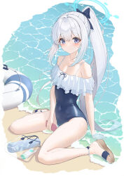 Rule 34 | 1girl, absurdres, bare legs, bare shoulders, beach, blue archive, blue halo, blue one-piece swimsuit, blush, bocchi (kuropom7), bow, breasts, casual one-piece swimsuit, collarbone, covered navel, day, frilled one-piece swimsuit, frills, hair bow, hair ornament, hair ribbon, halo, highres, holding, holding phone, long hair, looking at viewer, miyako (blue archive), miyako (swimsuit) (blue archive), off-shoulder one-piece swimsuit, off shoulder, official alternate costume, one-piece swimsuit, outdoors, phone, ponytail, purple eyes, ribbon, sandals, sitting, small breasts, smile, solo, swimsuit, thighs, two-tone one-piece swimsuit, very long hair, wariza, water, white hair, white innertube