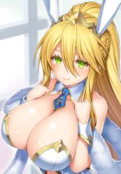 Rule 34 | 1girl, animal ears, artoria pendragon (all), artoria pendragon (fate), artoria pendragon (swimsuit ruler) (fate), asamura hiori, bare shoulders, blonde hair, blue neckwear, blush, braid, breasts, cleavage, closed mouth, detached collar, fake animal ears, fate/grand order, fate (series), feather boa, french braid, green eyes, hair between eyes, hands on own chest, highres, huge breasts, large breasts, leotard, long hair, looking at viewer, md5 mismatch, playboy bunny, ponytail, rabbit ears, sidelocks, smile, solo, tiara, white leotard, wrist cuffs