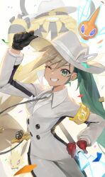 Rule 34 | 1girl, absurdres, armband, asymmetrical gloves, black gloves, buttons, cane, collar, creatures (company), electivire, electric miku (project voltage), f.k (hs225kr), game freak, gen 1 pokemon, gen 4 pokemon, gloves, green eyes, green hair, grin, hat, hat ornament, hatsune miku, highres, holding, holding cane, jolteon, jumpsuit, long hair, long sleeves, looking at viewer, mismatched gloves, multicolored hair, necktie, nintendo, one eye closed, pokemon, project voltage, red gloves, rotom, rotom (normal), smile, twintails, very long hair, vocaloid, white jumpsuit, yellow armband