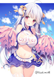 Rule 34 | 1girl, ahoge, arms up, azur lane, belt, blue skirt, bow, breasts, cameltoe, character name, cheerleader, cloud, confetti, crop top, cygnet (azur lane), cygnet (royal fanfare) (azur lane), double bun, hair bow, hair bun, highres, large breasts, long hair, midriff, miniskirt, navel, open mouth, outdoors, panties, pom pom (cheerleading), red eyes, ribbon, see-through, shirt, silver hair, skirt, sky, sleeveless, sleeveless shirt, solo, sweat, thighs, tsukimi (xiaohuasan), underwear, wet, wet clothes, wet shirt, white panties, white shirt, wind, wind lift